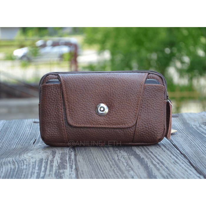 Поясная, горизонтальная коричневая небольшая сумка с натуральной кожи на 2 отделения 